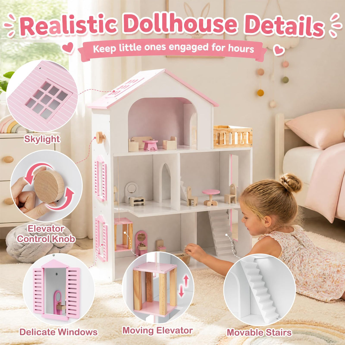 3-Story Wooden Dollhouse Playset with 5 Rooms and Furniture Accessories