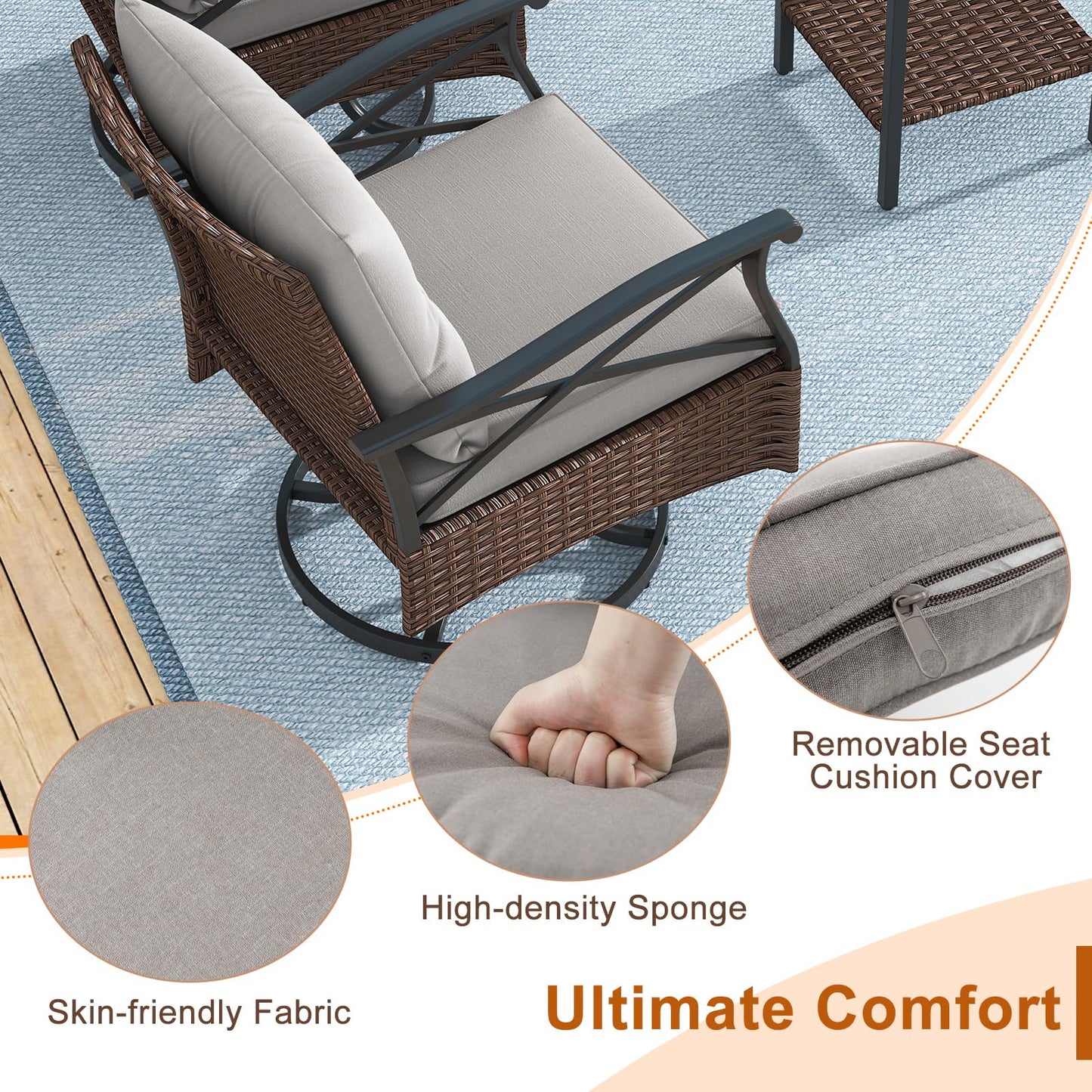 3 Piece Patio Swivel Rocker Set with 2-Tier Coffee Table