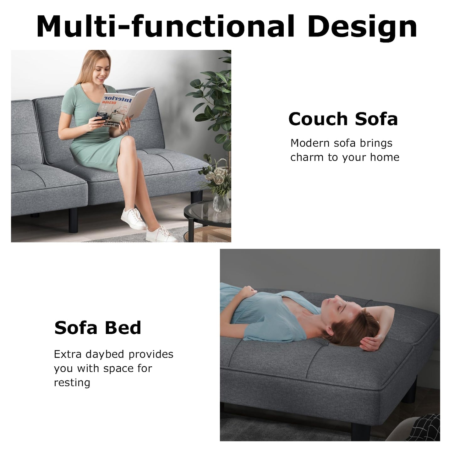 Convertible Folding Futon Sofa Bed with 6-Position Adjustable Backrest and Thick Cushion