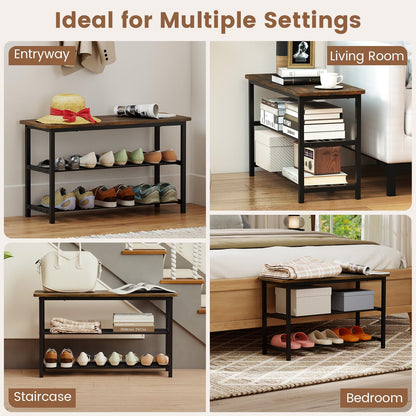 3-Tier Shoe Storage Bench with Metal Slat Shelves and Long Wooden Seat