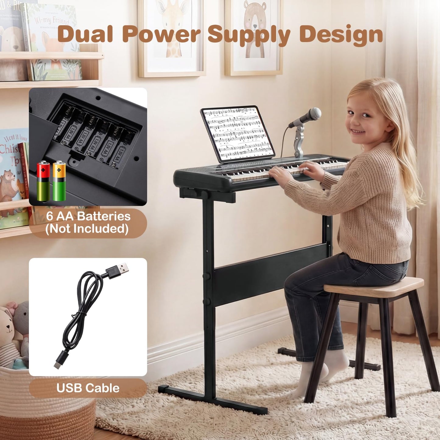 61 Keys Kids Piano Keyboard with Adjustable Stand for Aged 3+ Years Old