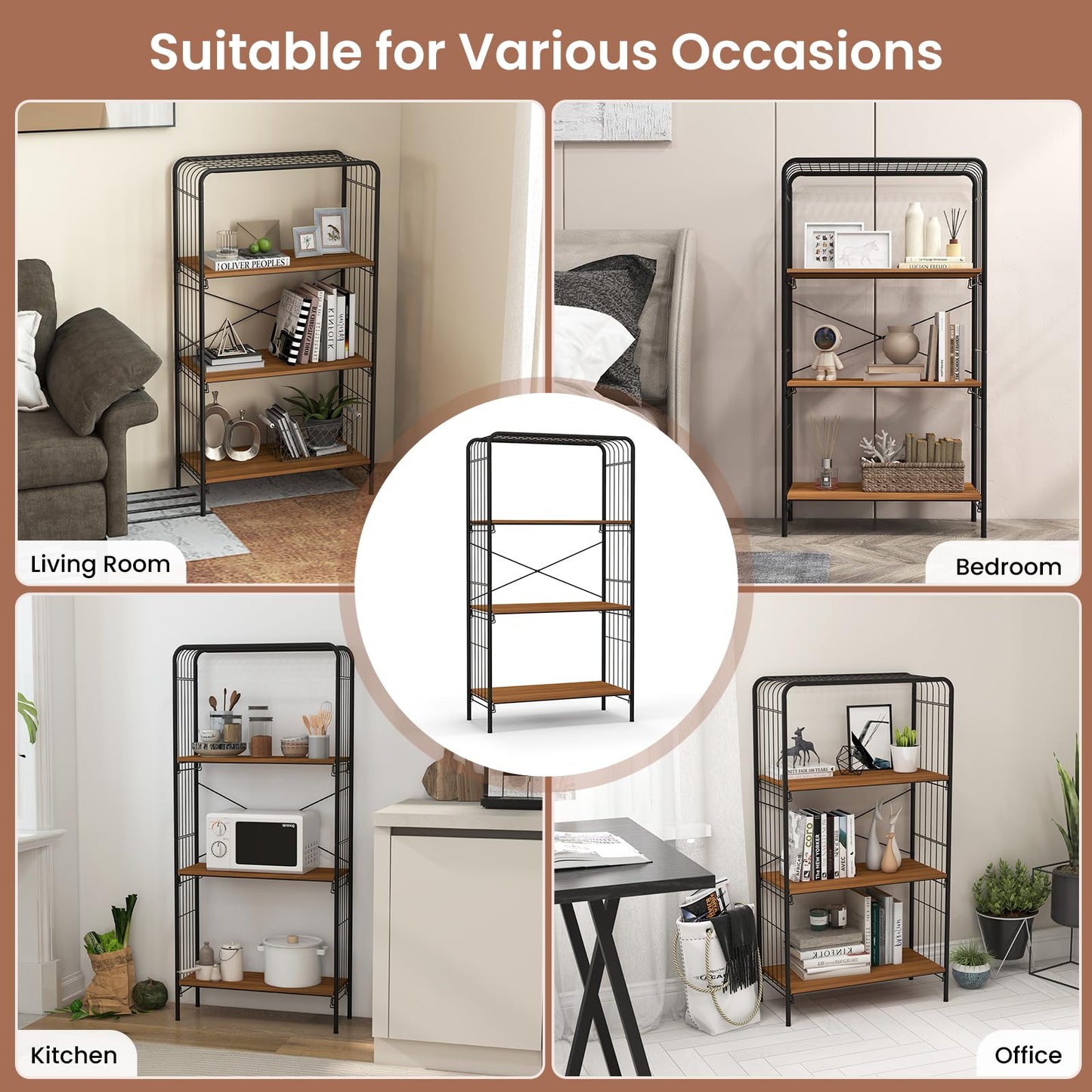 4-Tier Bookshelf Open-Back Storage Shelf with Metal Frame