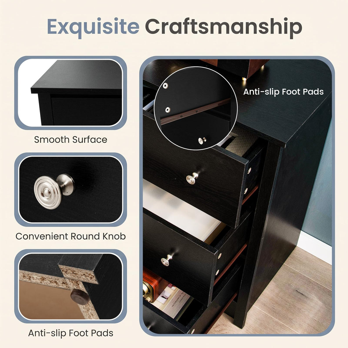 Freestanding Storage Cabinet with 6 Drawers and Anti-Toppling Device for Living Room