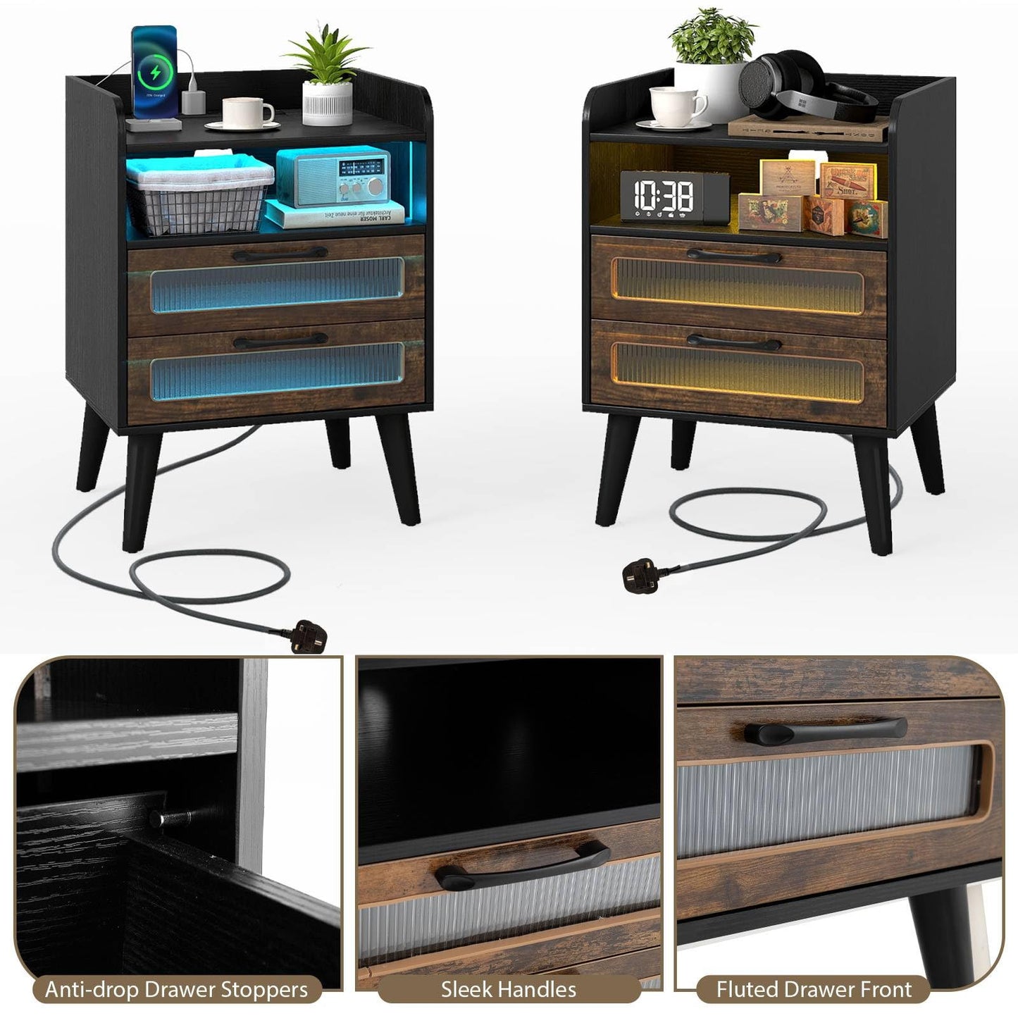 Mid Century Nightstand Modern Bedside Table with Charging Station