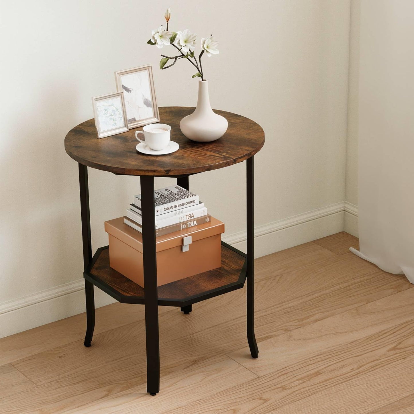 Round Side 2-Tier End Table with Storage Shelf