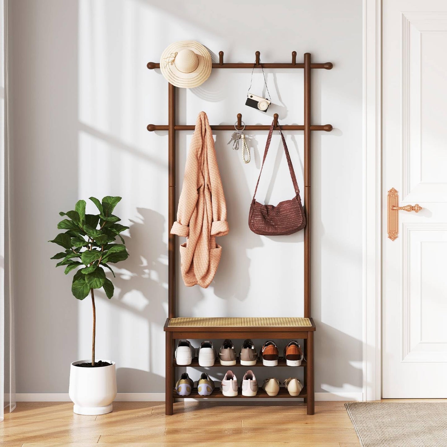 Bamboo Coat Rack PE Rattan Hall Tree with Bench and Shoe Storage