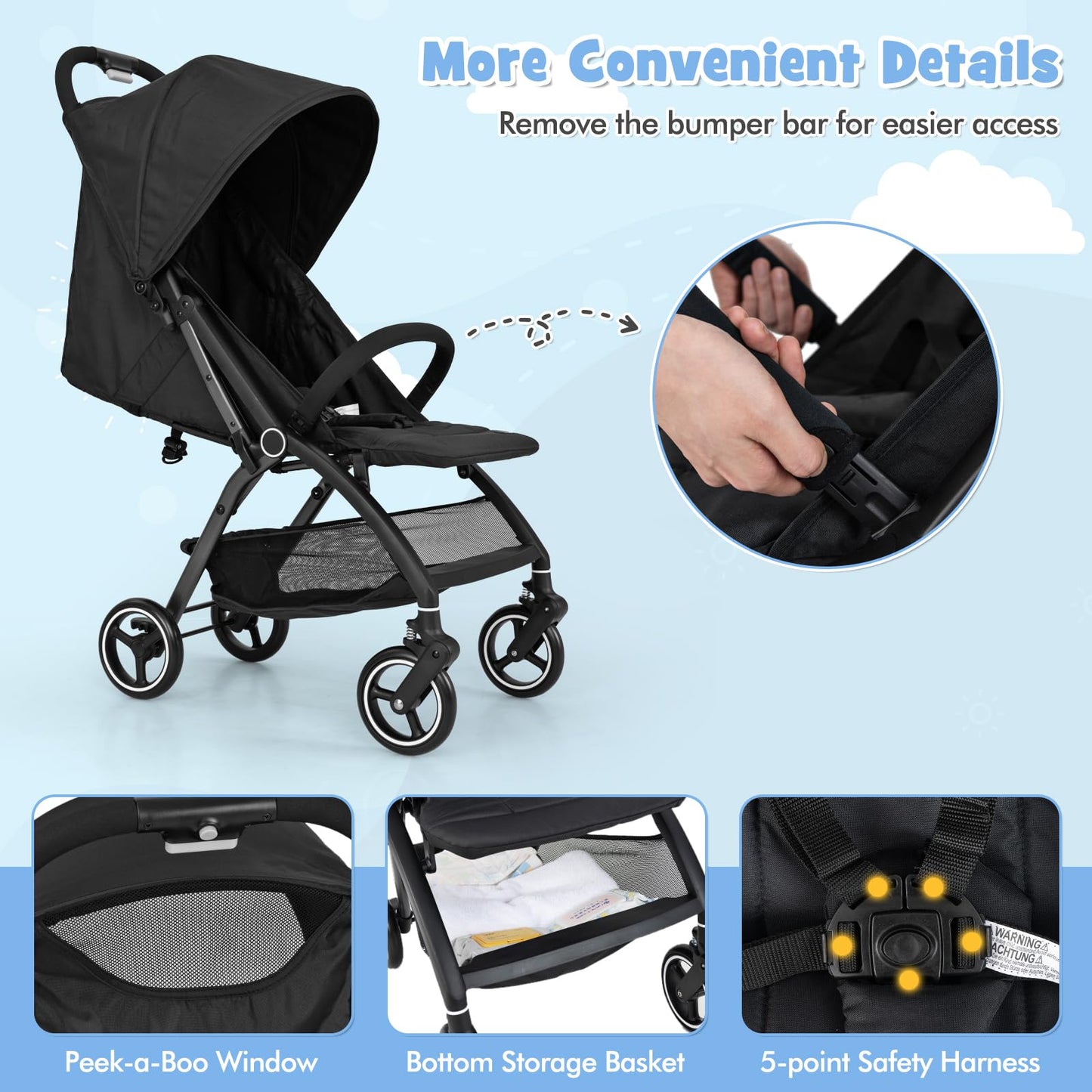 One Hand Foldable Toddler Stroller with Adjustable Backrest & Canopy