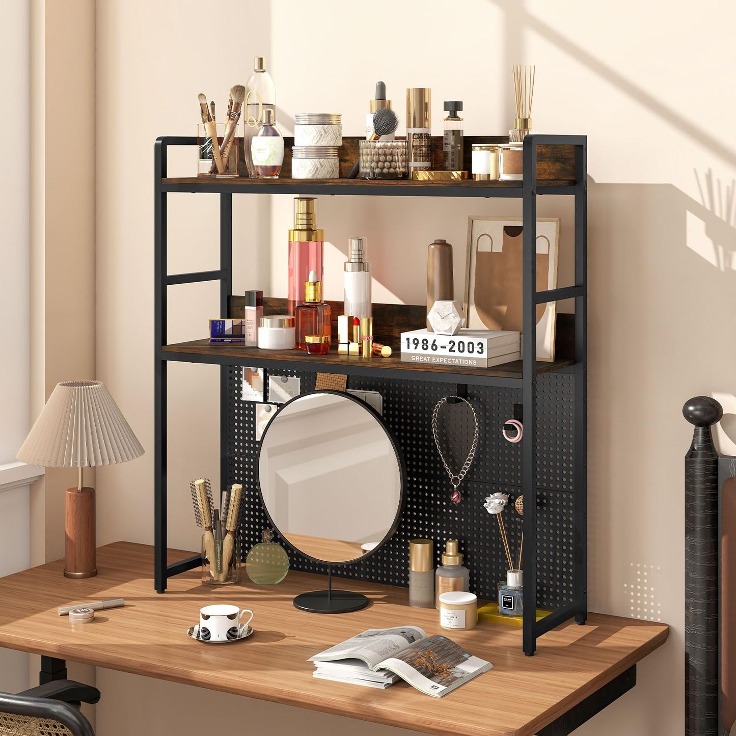 Multipurpose 2-Tier Desk Hutch with Pegboard for Home Office