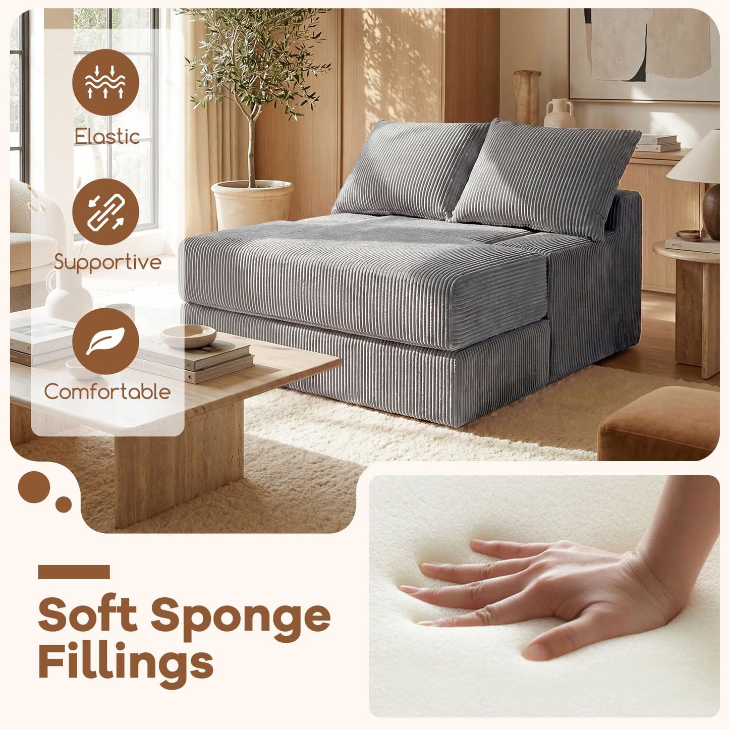 Folding Sofa Bed, Convertible Sleeper Chair Floor Sofa, No Assembly