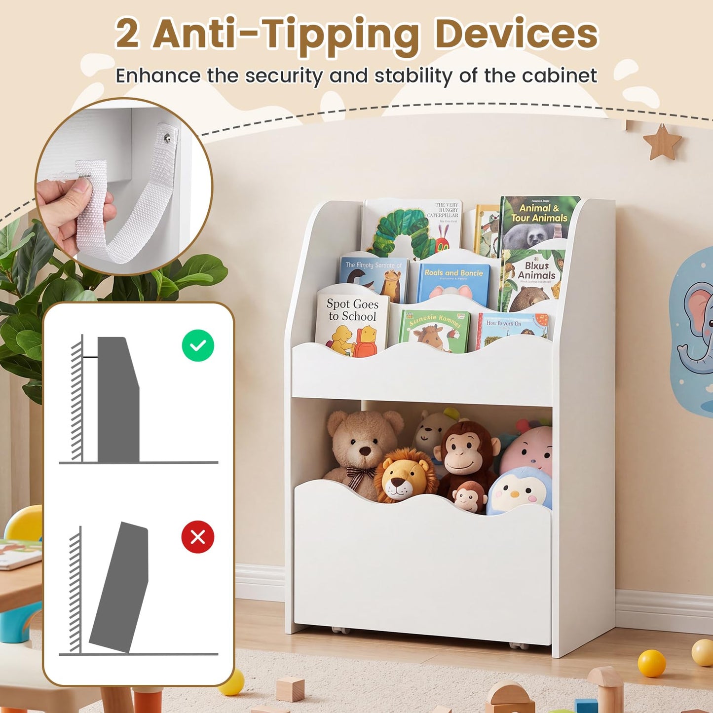 Toy Storage Organizer, 3-Tier Kids Bookcase with Rolling Drawer