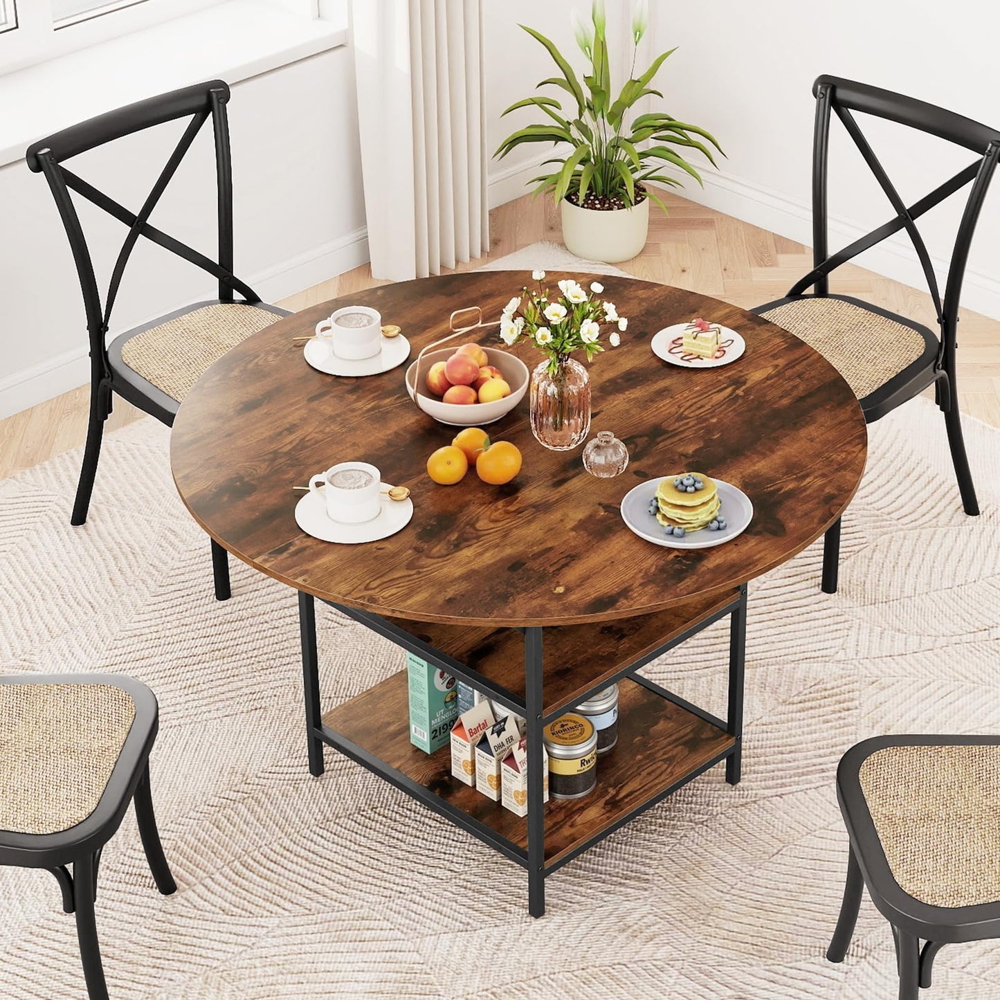 Dining Table for 4-6 People, Round Wooden Kitchen Tables with Storage Shelves
