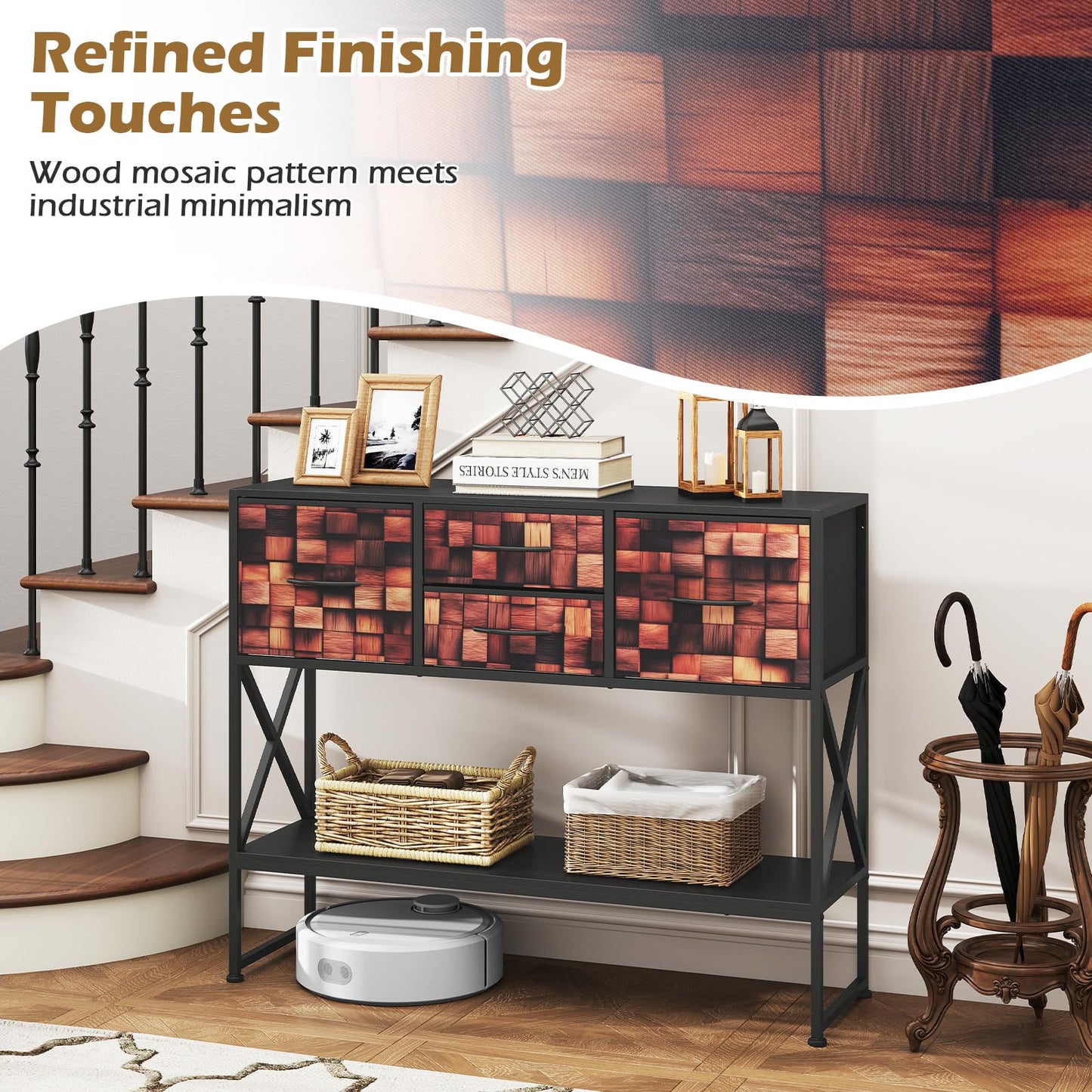 Console Table with 4 Fabric Drawers Shelf and Metal Frame