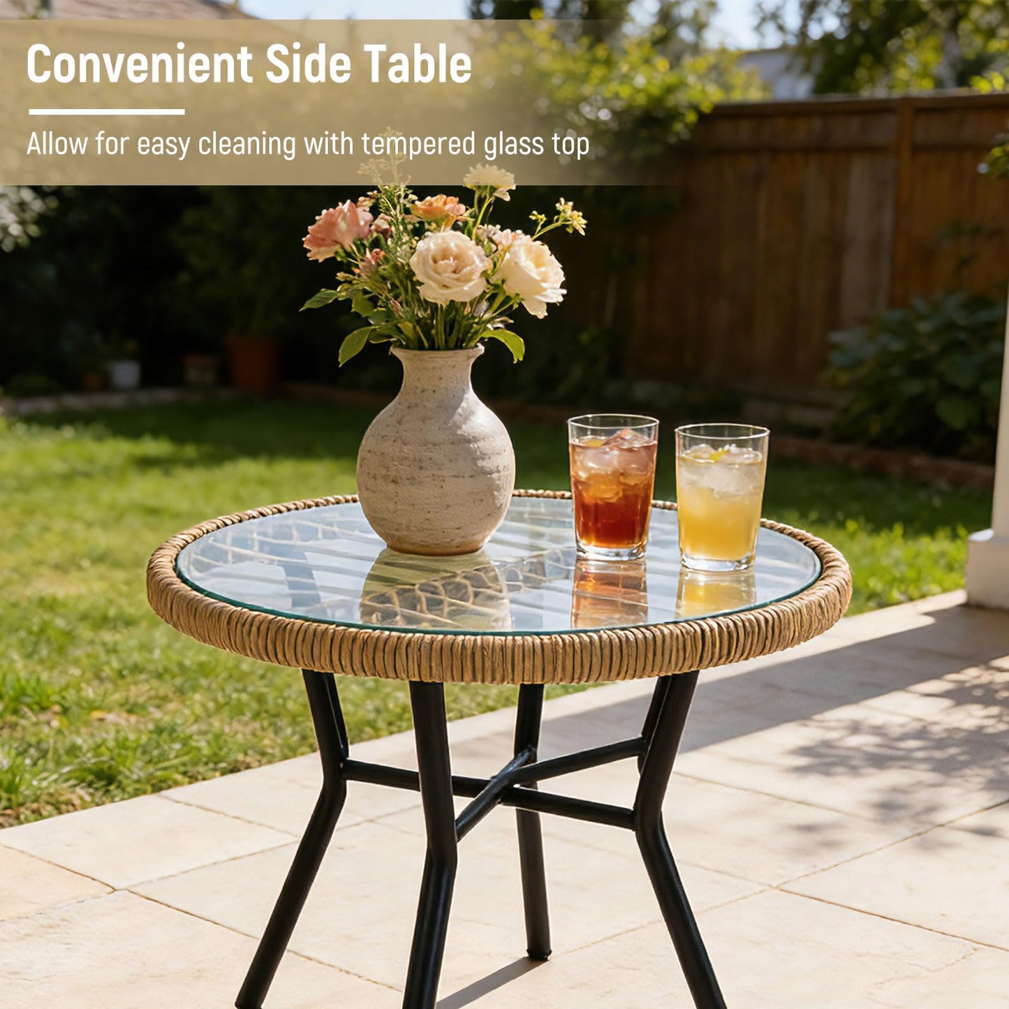 3 Pieces Patio Bistro Set Outdoor PE Wicker Conversation Set with Tempered Glass Coffee Table