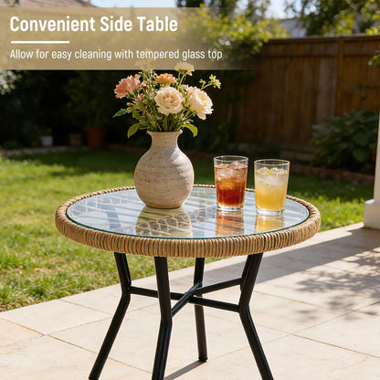 3 Pieces Patio Bistro Set Outdoor PE Wicker Conversation Set with Tempered Glass Coffee Table
