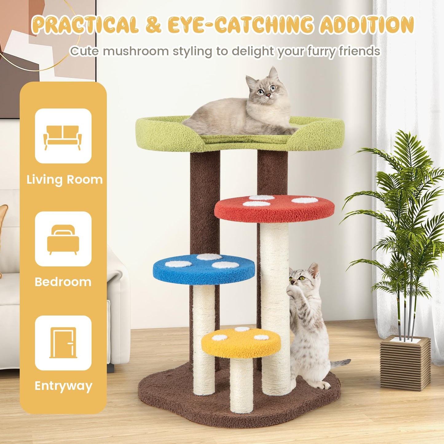 Cat Tree 94cm Mushroom Cat Climbing Tower with Scratching Posts