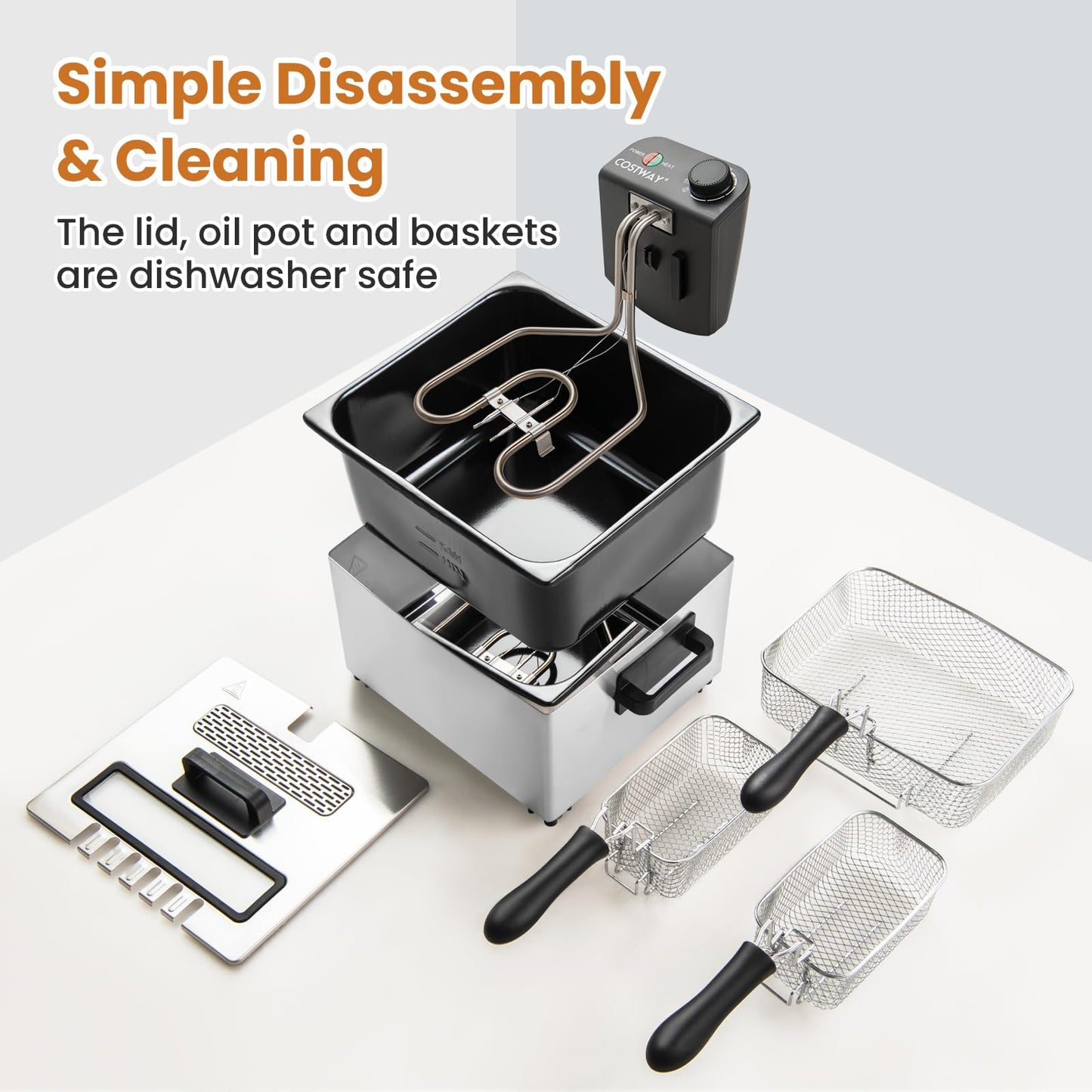 2000W Electric Deep Fryer Stainless Steel Countertop Frying Pot with 3 Baskets