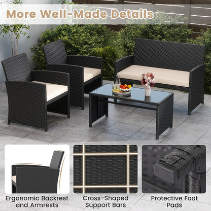 4 Piece Patio Rattan Conversation Set Wicker Loveseat Armchairs