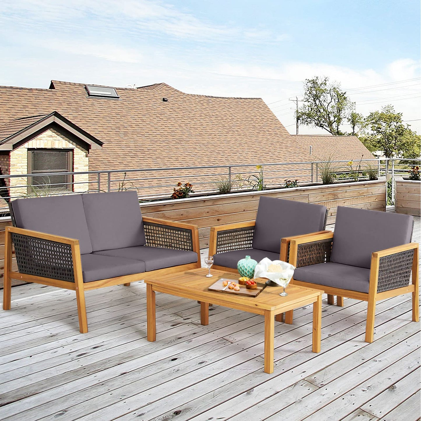 4 PCS Acacia Wood Rattan Patio Conversation Set with Loveseat and Coffee Table