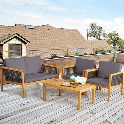 4 PCS Acacia Wood Rattan Patio Conversation Set with Loveseat and Coffee Table