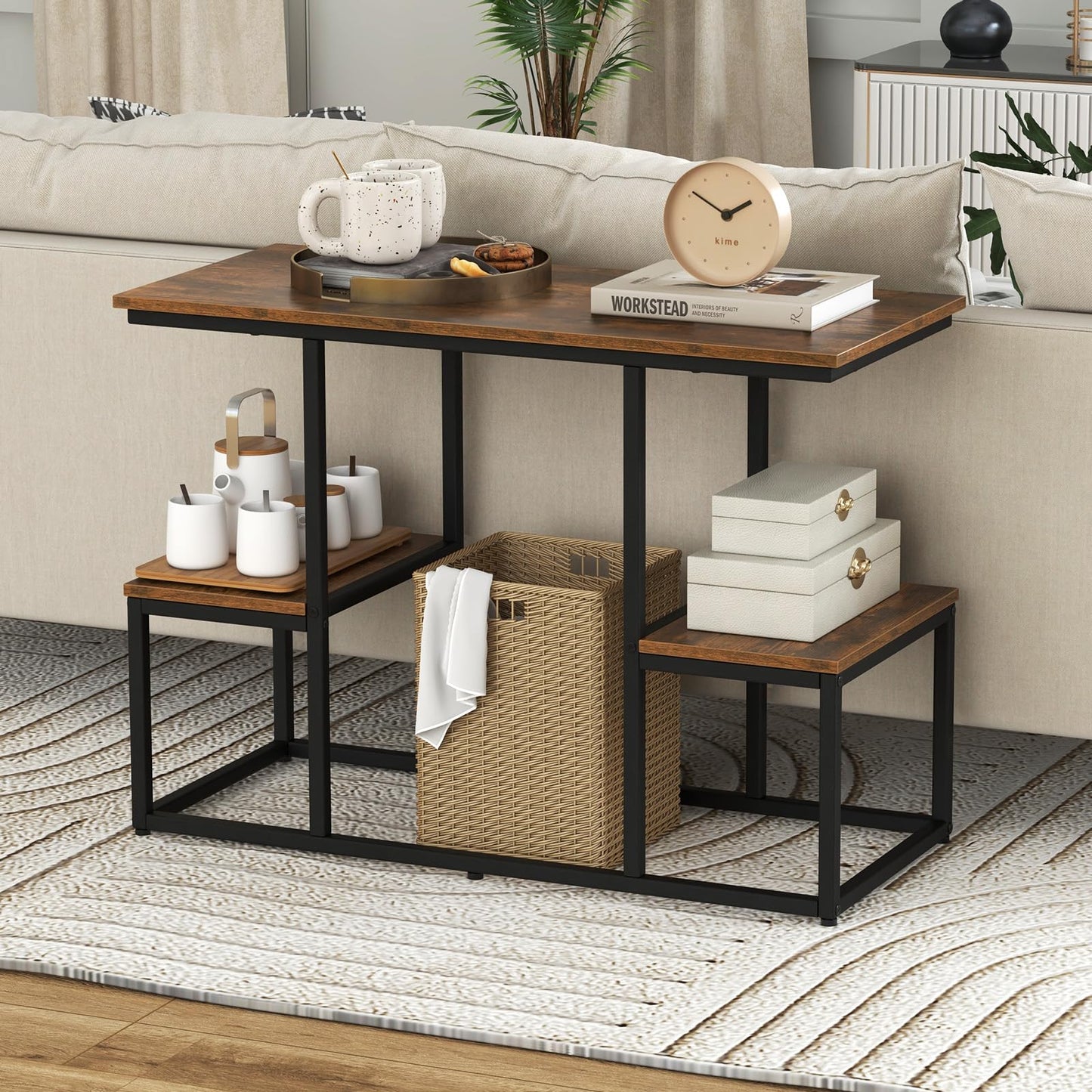 Rustic TV Console Table Industrial Sofa Table with Open Storage Shelves