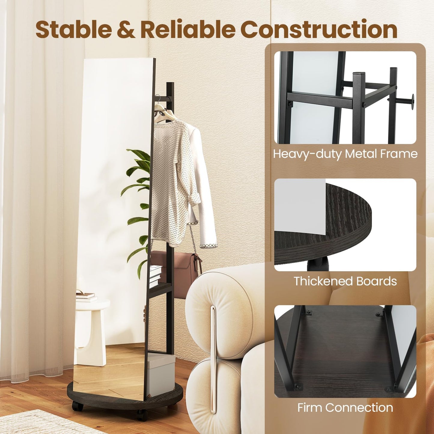 Coat Rack with Full Length Mirror Freestanding Coat Tree with 3 Hooks