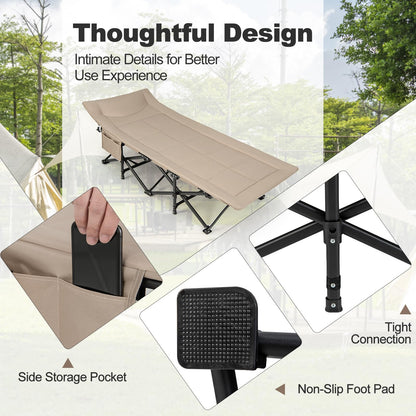 Extra Wide Portable Sleeping Cot with Headrest & Carry Bag