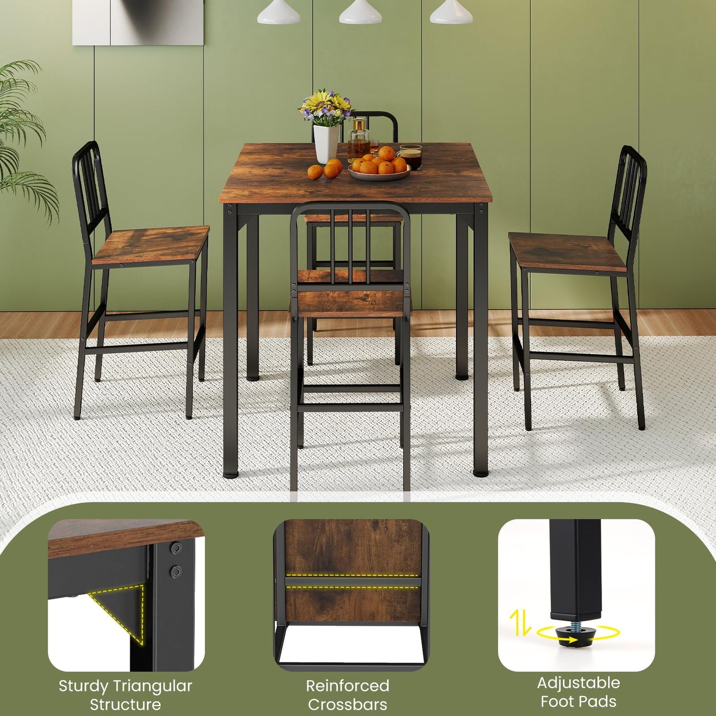 Counter Height Dining Table Set for 4 Kitchen Bar Table and Chairs Set with Faux Marble Surface
