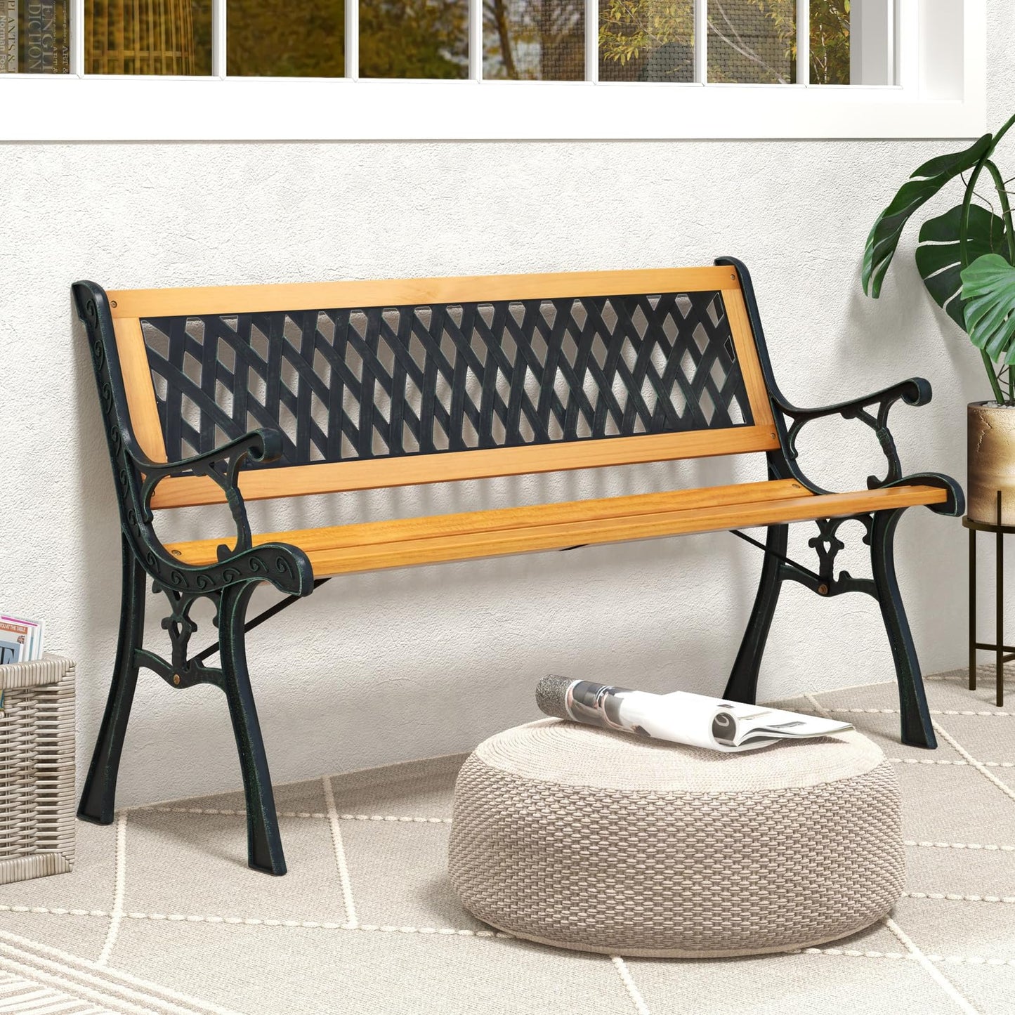 126cm Patio Garden Bench with Curved Armrests and Appealing Back