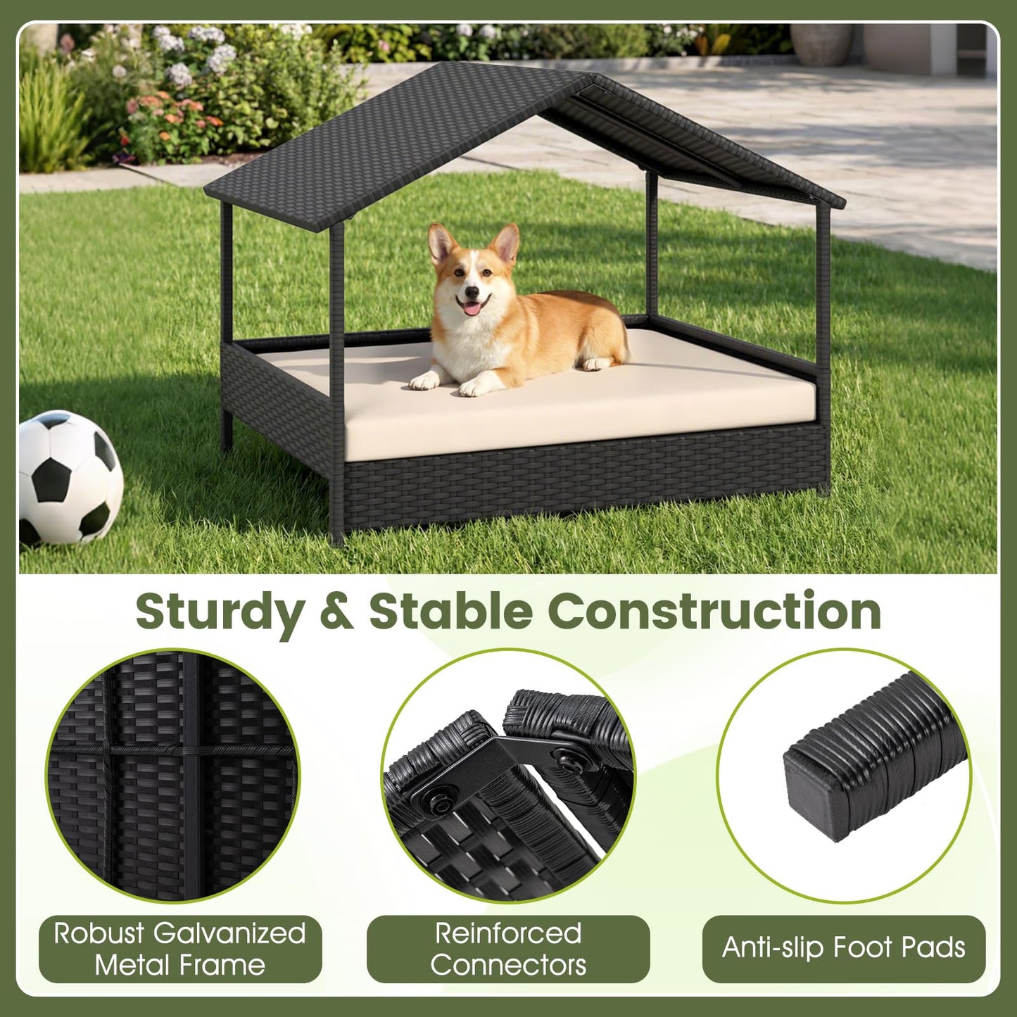 Wicker Dog Bed, Raised Rattan Dogs House with Canopy, Removable Cushion