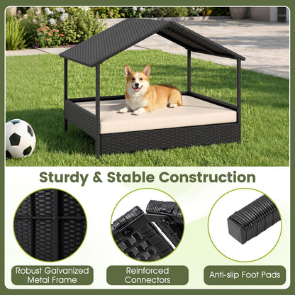 Wicker Dog Bed, Raised Rattan Dogs House with Canopy, Removable Cushion