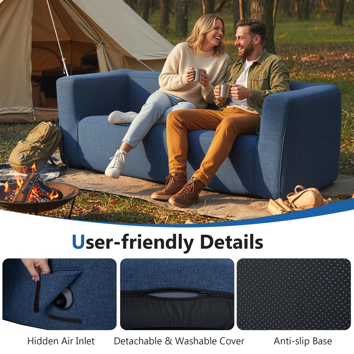 Double Inflatable Couch Portable Blow Up Sofa with Detachable Cover