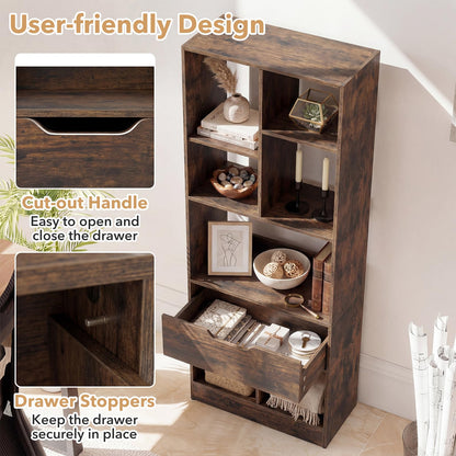 Tall Bookcase with Drawer, Floor Display Rack Storage Organizer for Living Room, Study, Home Office