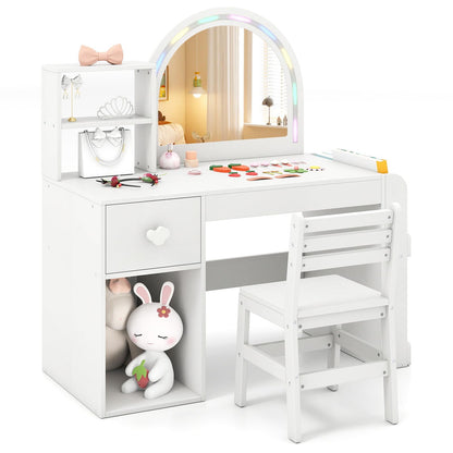 Kids Vanity Table and Chair Set with Lighted Mirror Open Storage Shelves