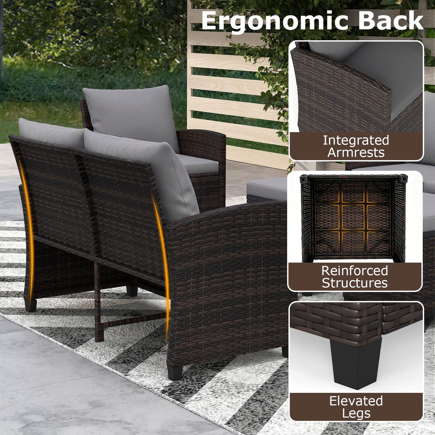 9 Seater Rattan Garden Furniture Set, Patio Conversation Set with 3-Seat Sofa, Loveseat, 2 Chairs, 2 Footstools & Cushions