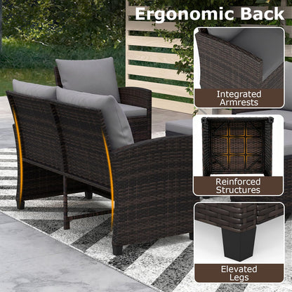 9 Seater Rattan Garden Furniture Set, Patio Conversation Set with 3-Seat Sofa, Loveseat, 2 Chairs, 2 Footstools & Cushions