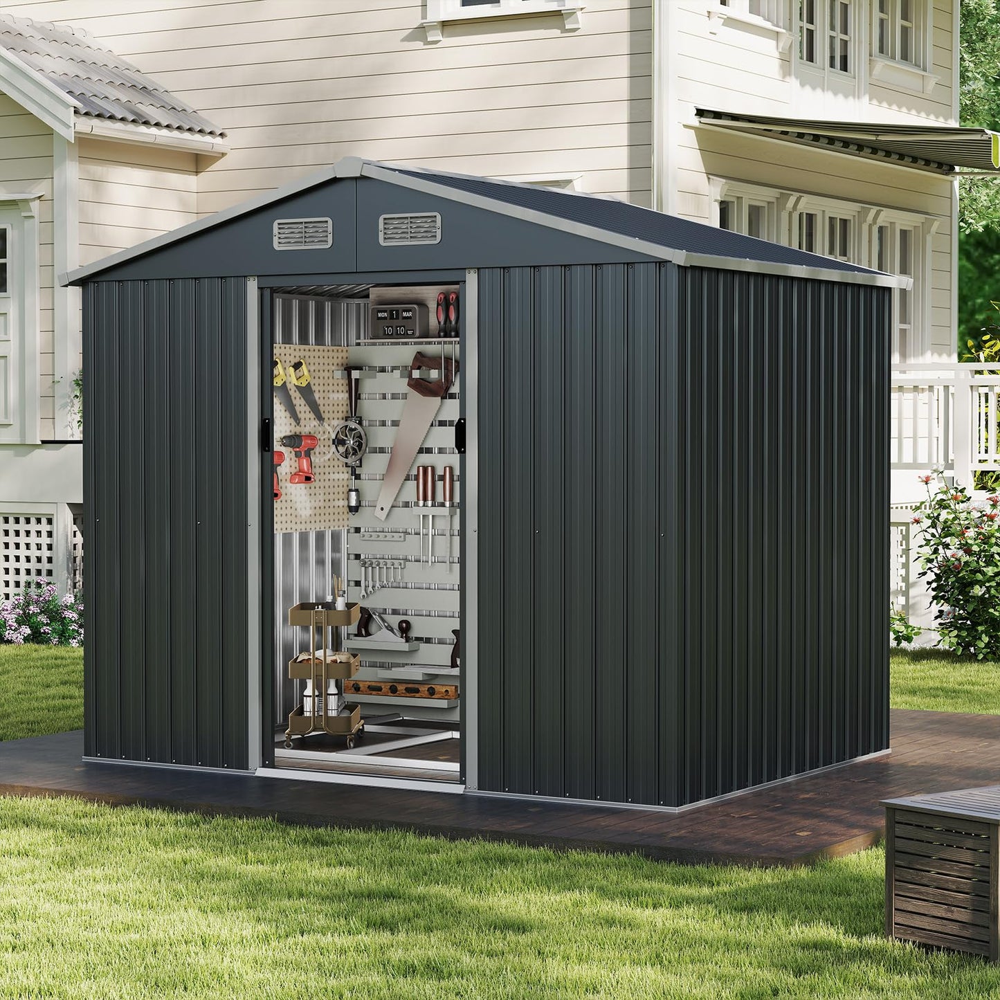 8x6FT Galvanized Metal Garden Shed Outdoor Lockable Tool Storage House