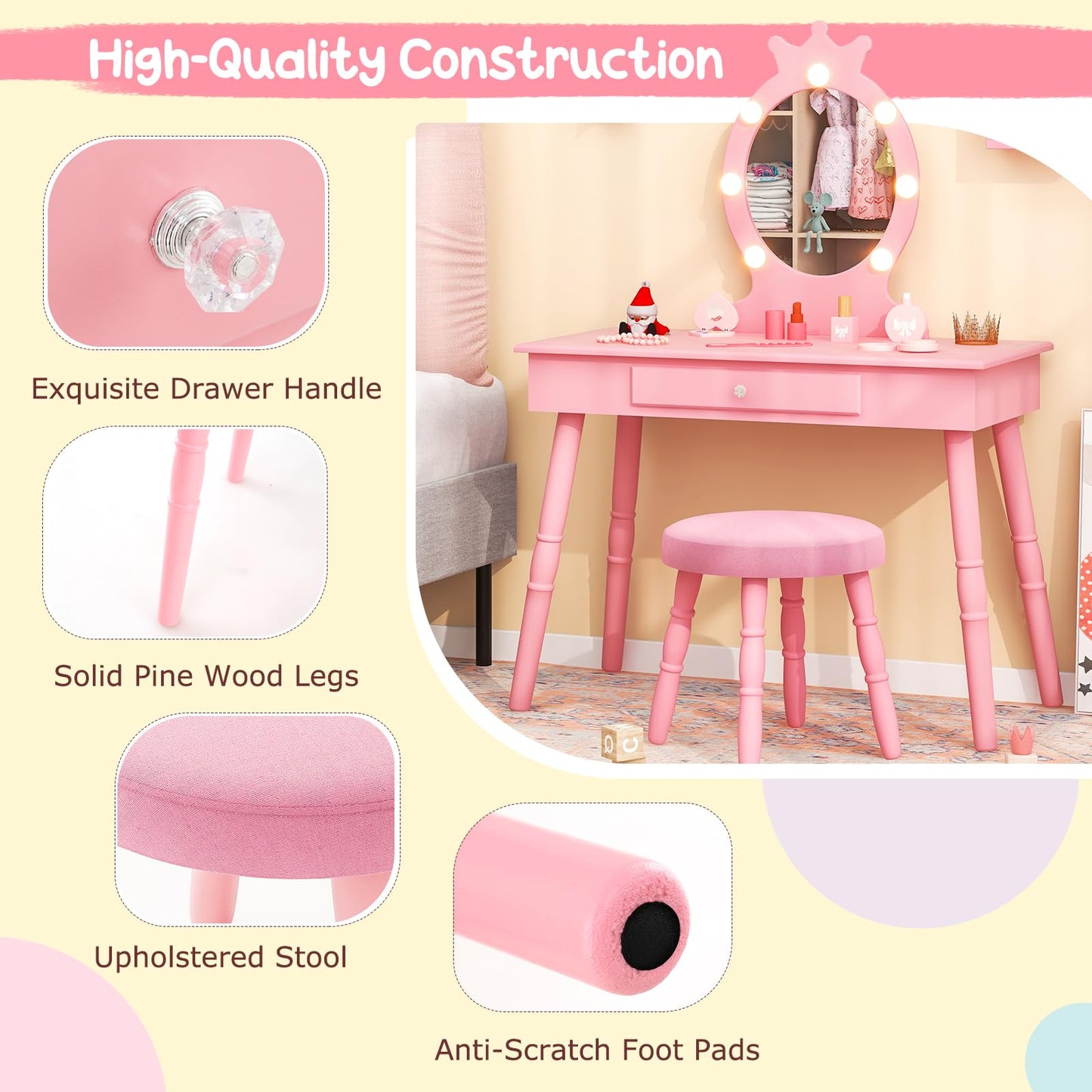 Kids Vanity Set with Lighted Mirror and Adjustable Brightness for Kids Aged 3 to 7 Years Old