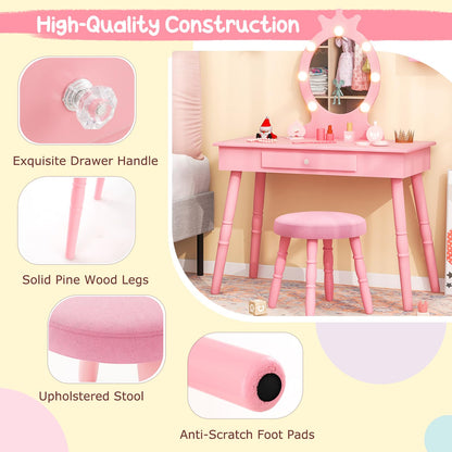 Kids Vanity Set with Lighted Mirror and Adjustable Brightness for Kids Aged 3 to 7 Years Old