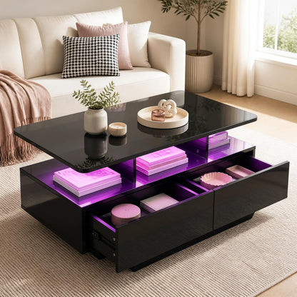 90 CM High LED Coffee Table with 2 Storage Drawers and 20-Color LED Lights