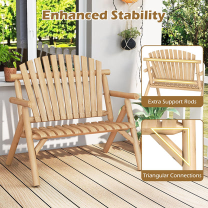 2-PersonLog Wood Patio Bench with Slatted Backrest Built-in Armrest and Curved Seat