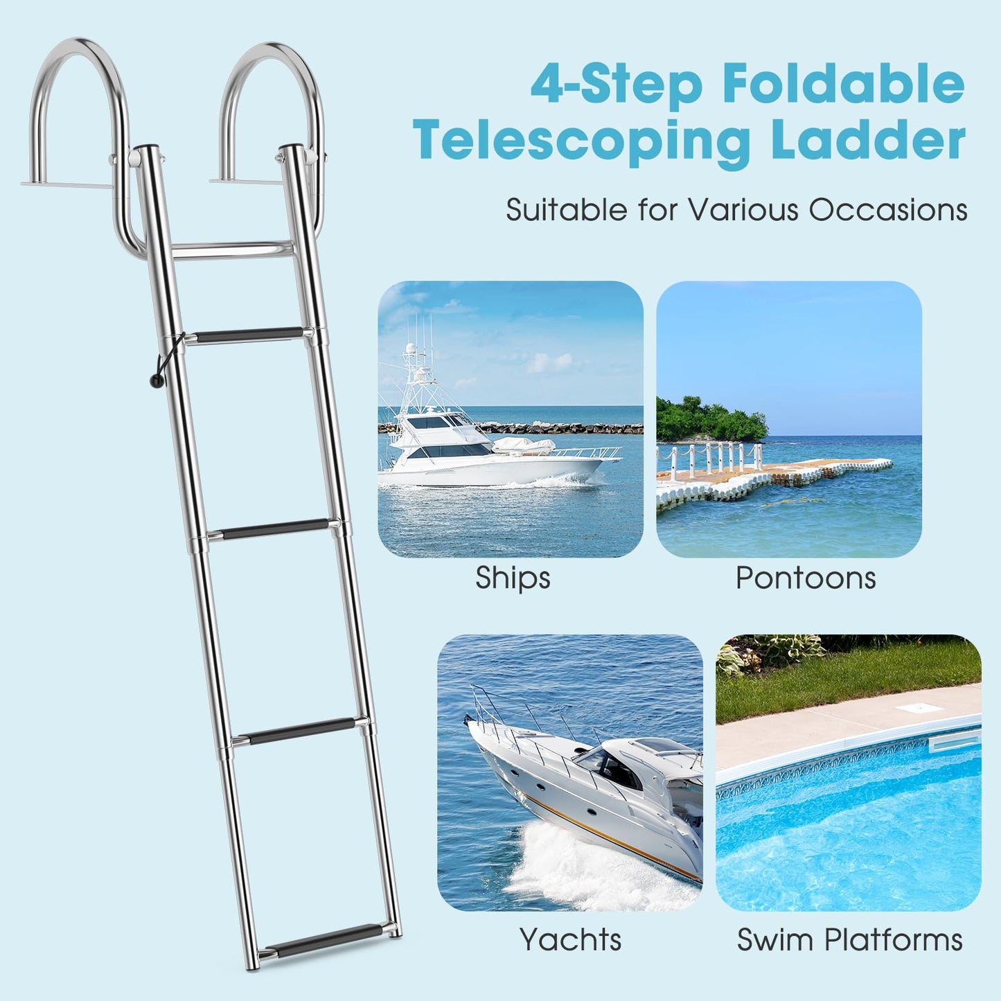 4-Step Telescoping Boat Ladder, Folding Stainless Steel Swim Dock Ladder with Non-slip Steps