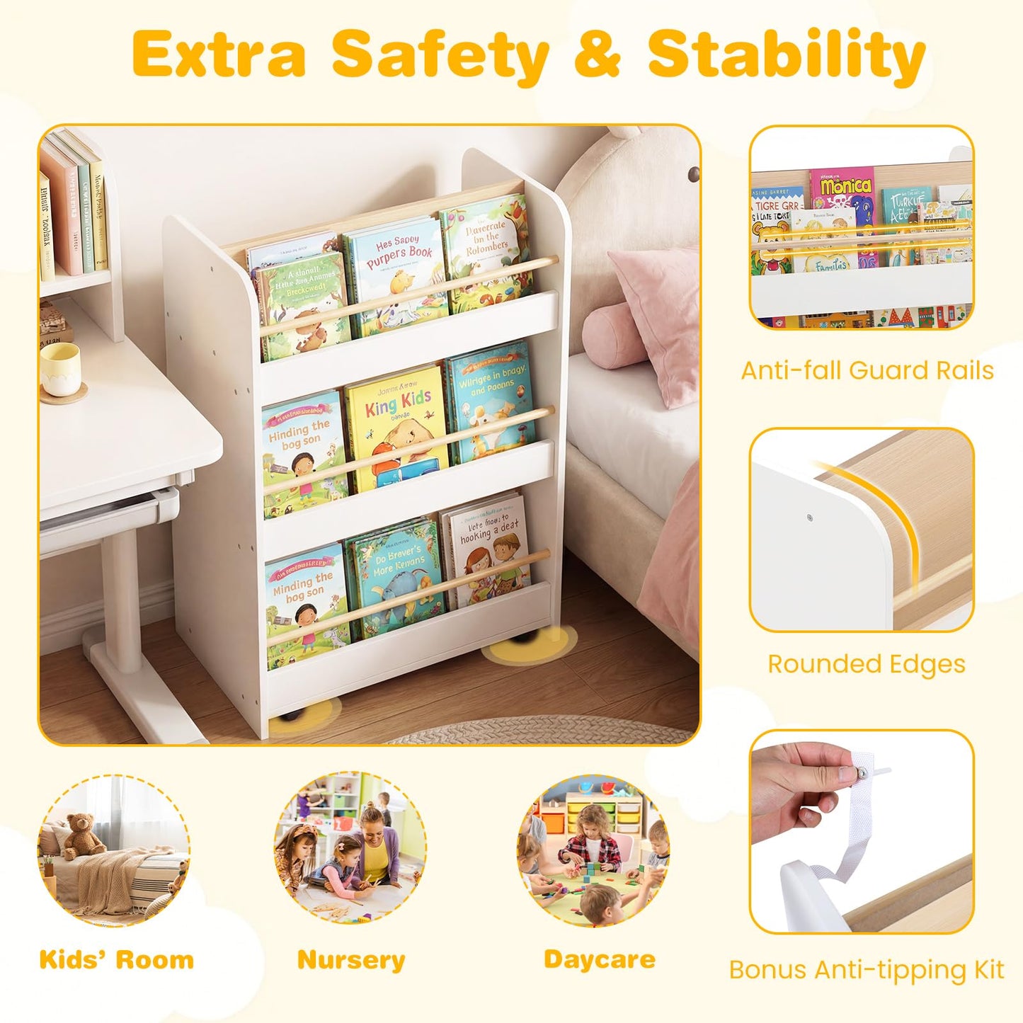 3-Tier Bookshelf for Kids with Wheels Double-sided Book Display