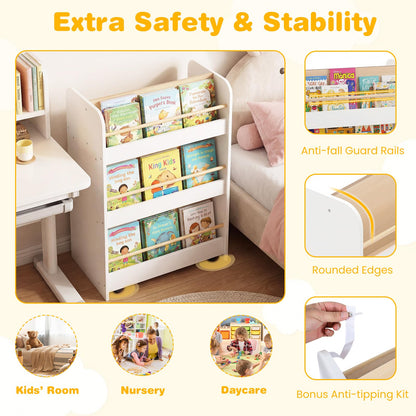 3-Tier Bookshelf for Kids with Wheels Double-sided Book Display
