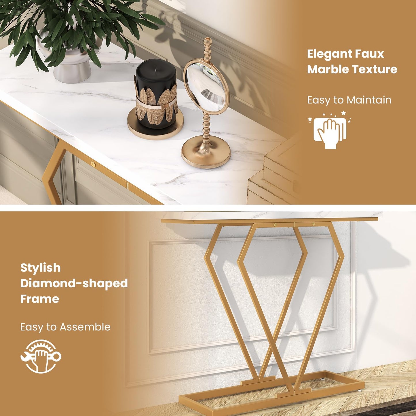 100 cm Gold Console Table with Diamond Shape Geometric Frame