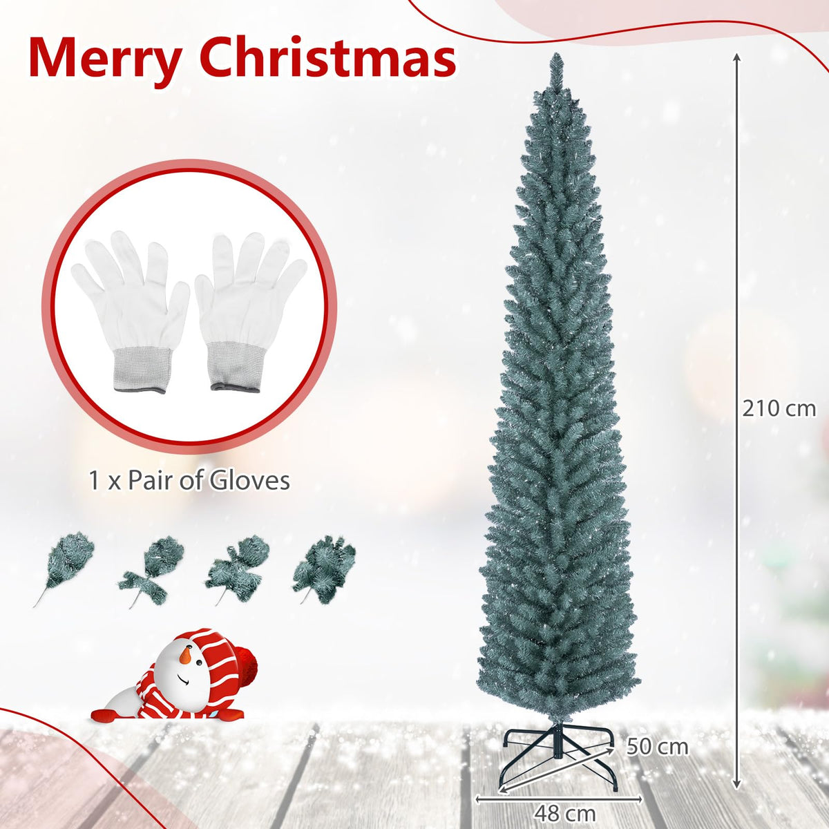 5FT/6FT/7FT Green Pencil Slim Christmas Tree, Traditional Artificial Pine Xmas Tree
