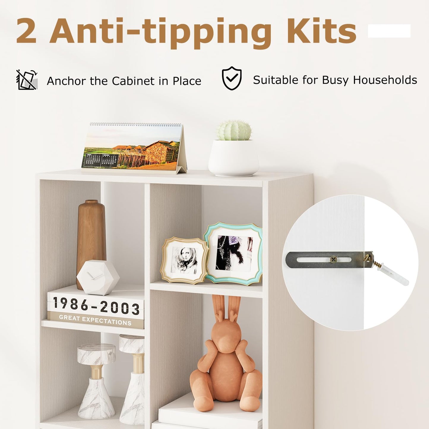 Tall Bookcase with Drawer, Open Cubes and Anti-toppling Kits, Floor Display Rack Storage Organizer