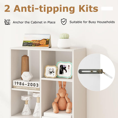 Tall Bookcase with Drawer, Open Cubes and Anti-toppling Kits, Floor Display Rack Storage Organizer