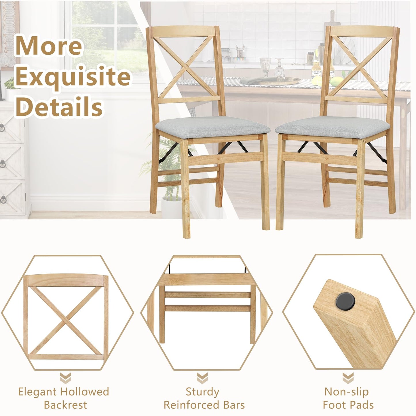 Padded Folding Chair Set of 2/4, Rubber Wood Counter Dining Chairs with Backrest
