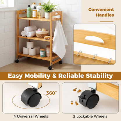 3-Tier Bamboo Rolling Cart with 2 Lockable Wheels and 3 Hooks for Kitchen