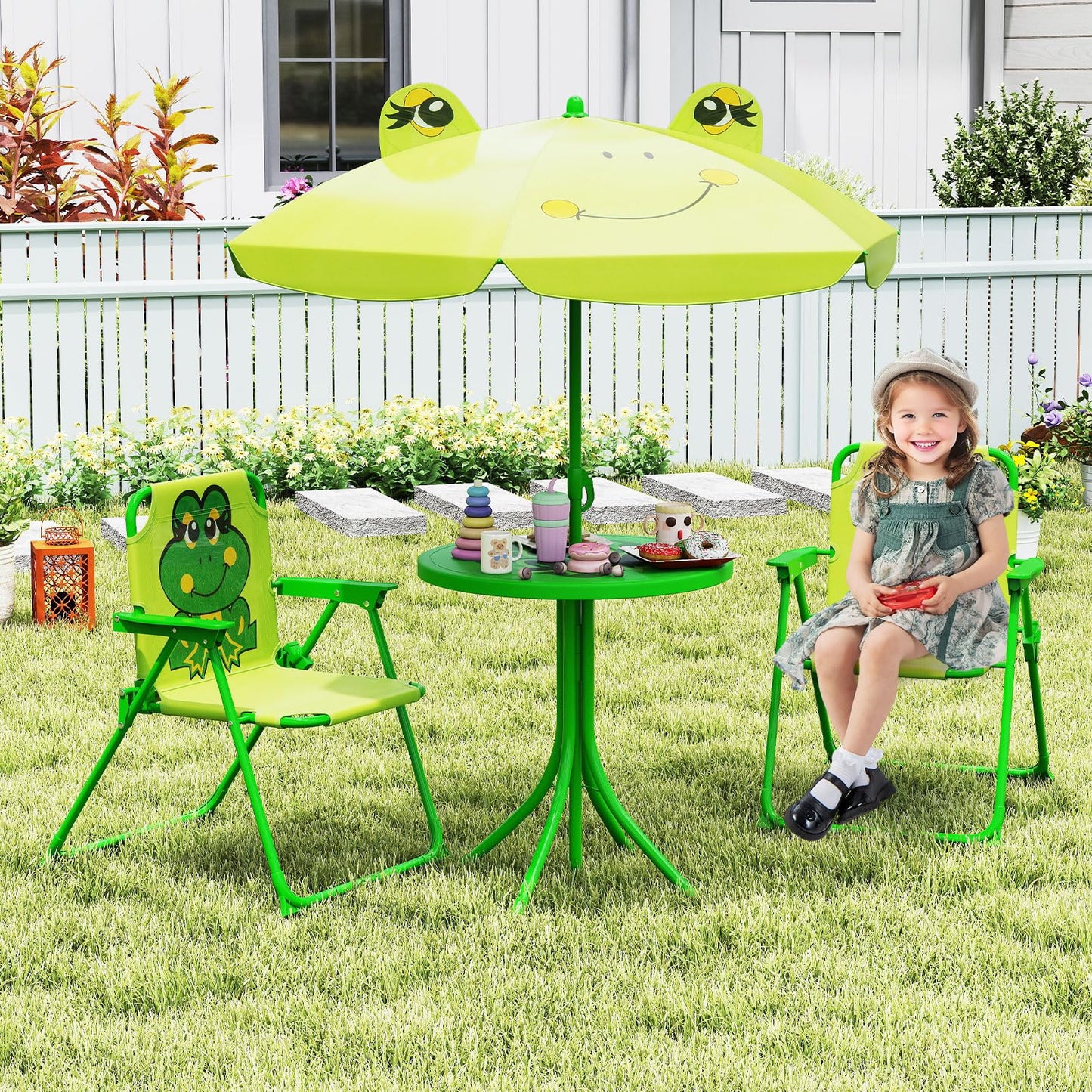 Outdoor Children Picnic Table with 2 Folding Chairs & Height Adjustable Umbrella